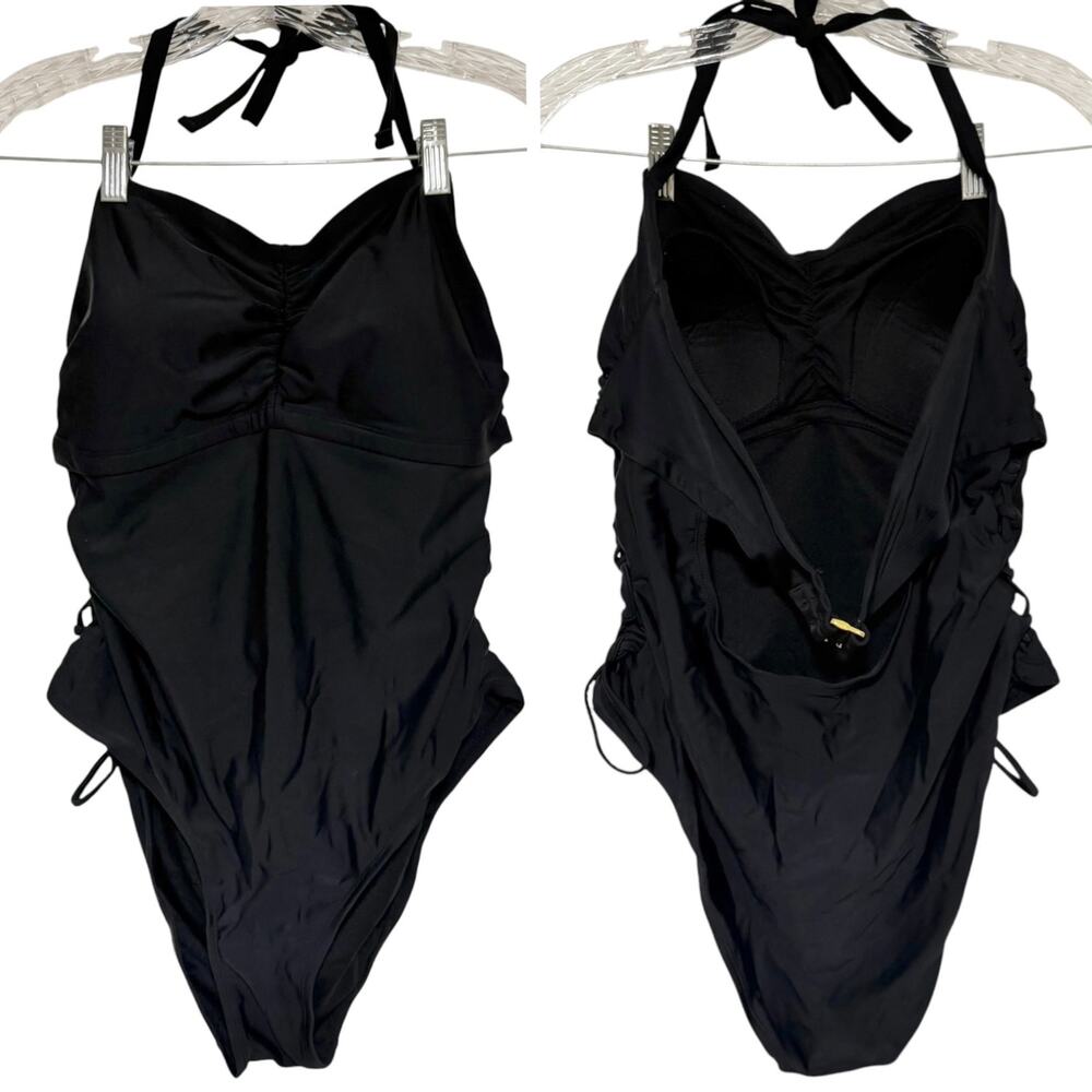 AVA & VIV Black One Piece Halter Swimsuit Cheeky High Leg Tie Detail Size 18W